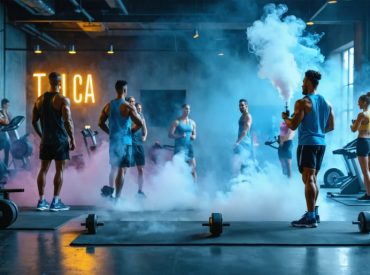 A futuristic gym scene with fitness enthusiasts integrating THCA vapes into their routines, emphasizing post-workout relaxation and recovery with traditional exercise equipment in the background.