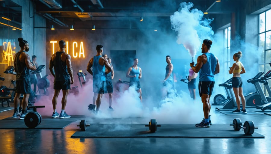 A futuristic gym scene with fitness enthusiasts integrating THCA vapes into their routines, emphasizing post-workout relaxation and recovery with traditional exercise equipment in the background.